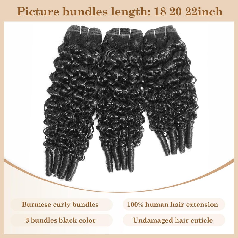 ALLRUN Burmese Curly Bundles Human Hair 3Pcs 18 20 22 Inch Raw Curly Human Hair Bundles with Spiral Ends 3C4A Quick Weave Hair Extensions for Women, Natural Black - Image 3
